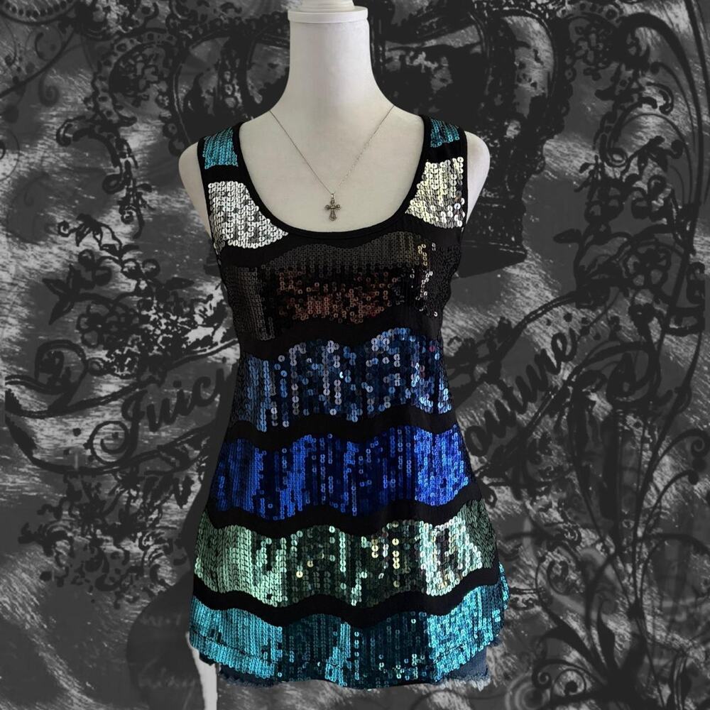 glossy teal blue brown reflective sequin glam black tank top